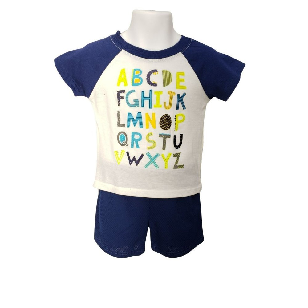 Swiggles 12 months Alphabet white shirt blue gym shorts matching outfit 2 piece